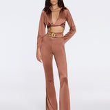 Gwyneth High-Waist with Gold Detail Satin Flare Brown Pants