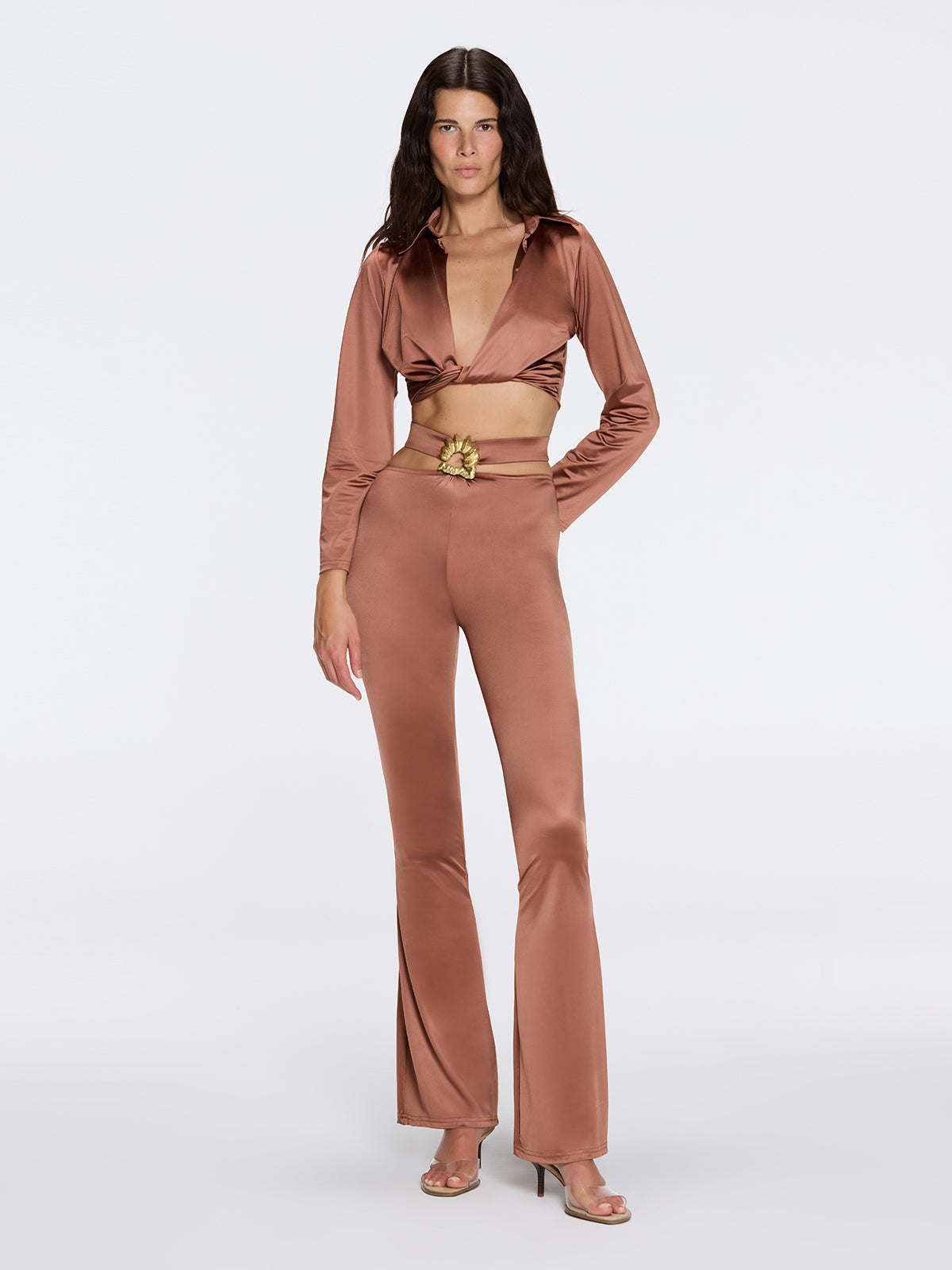 Gwyneth High-Waist with Gold Detail Satin Flare Brown Pants | Moeva | Pants | Each week unveils new pieces—luxury swimwear, fluid resort silhouettes, and elevated summer-to-evening essentials designed to carry you from coastal escapes to city nights.
