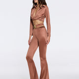 Gwyneth High-Waist with Gold Detail Satin Flare Brown Pants