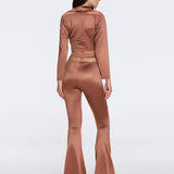 Gwyneth High-Waist with Gold Detail Satin Flare Brown Pants