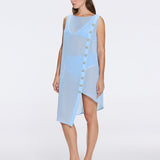 Solianne Blue Sheer Sleeveless Asymmetric Dress with Gold Button Detail