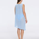 Solianne Blue Sheer Sleeveless Asymmetric Dress with Gold Button Detail
