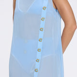 Solianne Blue Sheer Sleeveless Asymmetric Dress with Gold Button Detail