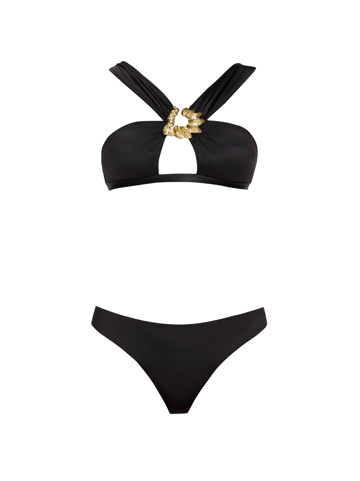 Irma Halter Neck Gold Detail Mid Coverage Satin Black Bikini Set | Moeva | Bikini Set | Each week unveils new pieces—luxury swimwear, fluid resort silhouettes, and elevated summer-to-evening essentials designed to carry you from coastal escapes to city nights.