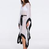 Tata White-Black Sheer Gold Buttoned Belted Kaftan with Asymmetric Hem