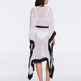 Tata White-Black Sheer Gold Buttoned Belted Kaftan with Asymmetric Hem