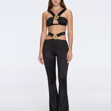 Gwyneth High-Waist with Gold Detail Satin Flare Black Pants