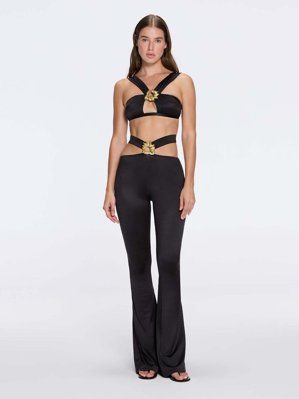 Gwyneth High-Waist with Gold Detail Satin Flare Black Pants | Moeva | Pants | Each week unveils new pieces—luxury swimwear, fluid resort silhouettes, and elevated summer-to-evening essentials designed to carry you from coastal escapes to city nights.