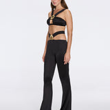 Gwyneth High-Waist with Gold Detail Satin Flare Black Pants