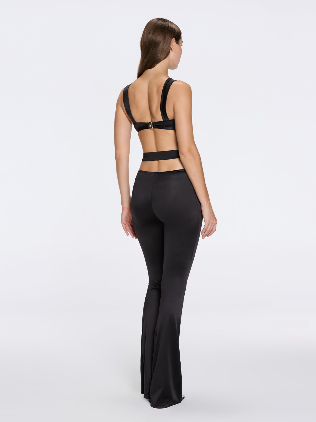 Gwyneth High-Waist with Gold Detail Satin Flare Black Pants | Moeva | Pants | Each week unveils new pieces—luxury swimwear, fluid resort silhouettes, and elevated summer-to-evening essentials designed to carry you from coastal escapes to city nights.