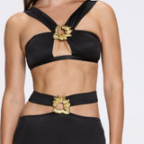 Gwyneth High-Waist with Gold Detail Satin Flare Black Pants