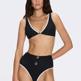 Merrin Black-White V Neck High Waist Textured Bikini Set
