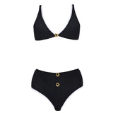 Merrin Black-White V Neck Textured Bikini Top