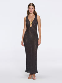 Antibes Black Metallic Knit Deep V-Neck Maxi Dress with Gold Detail