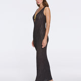 Antibes Black Metallic Knit Deep V-Neck Maxi Dress with Gold Detail | Moeva | Dress | Each week unveils new pieces—luxury swimwear, fluid resort silhouettes, and elevated summer-to-evening essentials designed to carry you from coastal escapes to city nights.