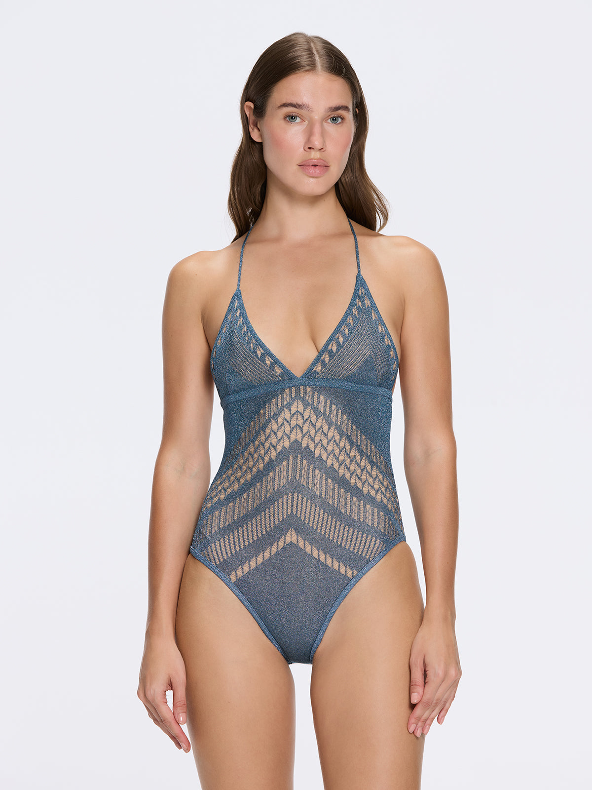Villone V Neck Blue Knitted One Piece Swimsuit | Moeva | Swimsuit | Each week unveils new pieces—luxury swimwear, fluid resort silhouettes, and elevated summer-to-evening essentials designed to carry you from coastal escapes to city nights.