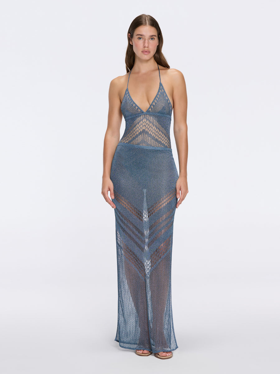 Mercantour Metallic Knit High-Waist Maxi Blue Skirt by Moeva | Skirt from MOEVA's luxury swimwear and resortwear collection, perfect for beach days, resort escapes and summer styling.