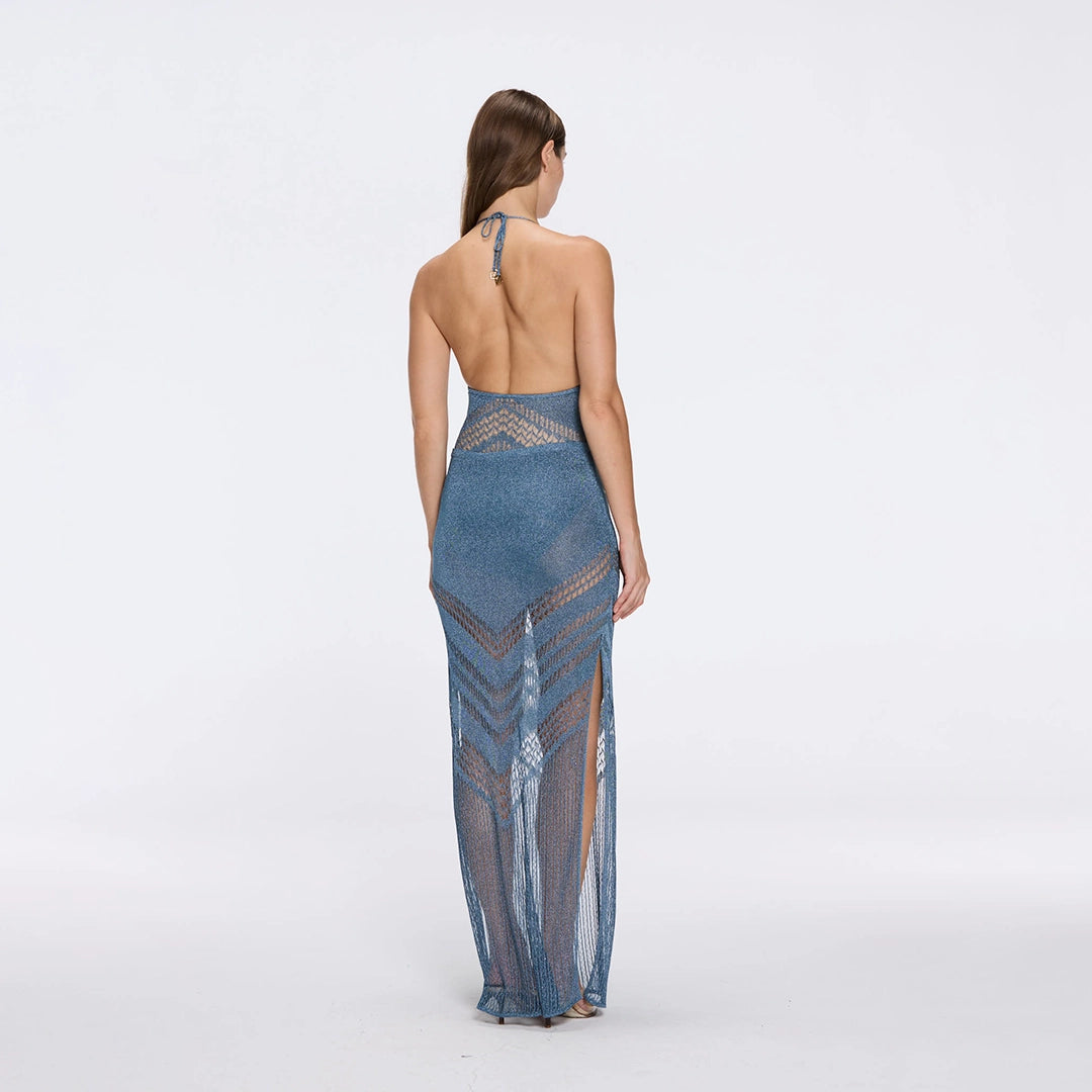 Mercantour Metallic Knit High-Waist Maxi Blue Skirt | Moeva | Skirt | Each week unveils new pieces—luxury swimwear, fluid resort silhouettes, and elevated summer-to-evening essentials designed to carry you from coastal escapes to city nights.