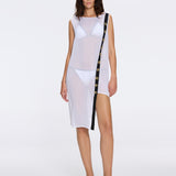 Solianne White Sheer Sleeveless Asymmetric Dress with Gold Button Detail