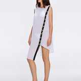 Solianne White Sheer Sleeveless Asymmetric Dress with Gold Button Detail