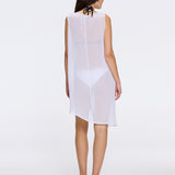 Solianne White Sheer Sleeveless Asymmetric Dress with Gold Button Detail
