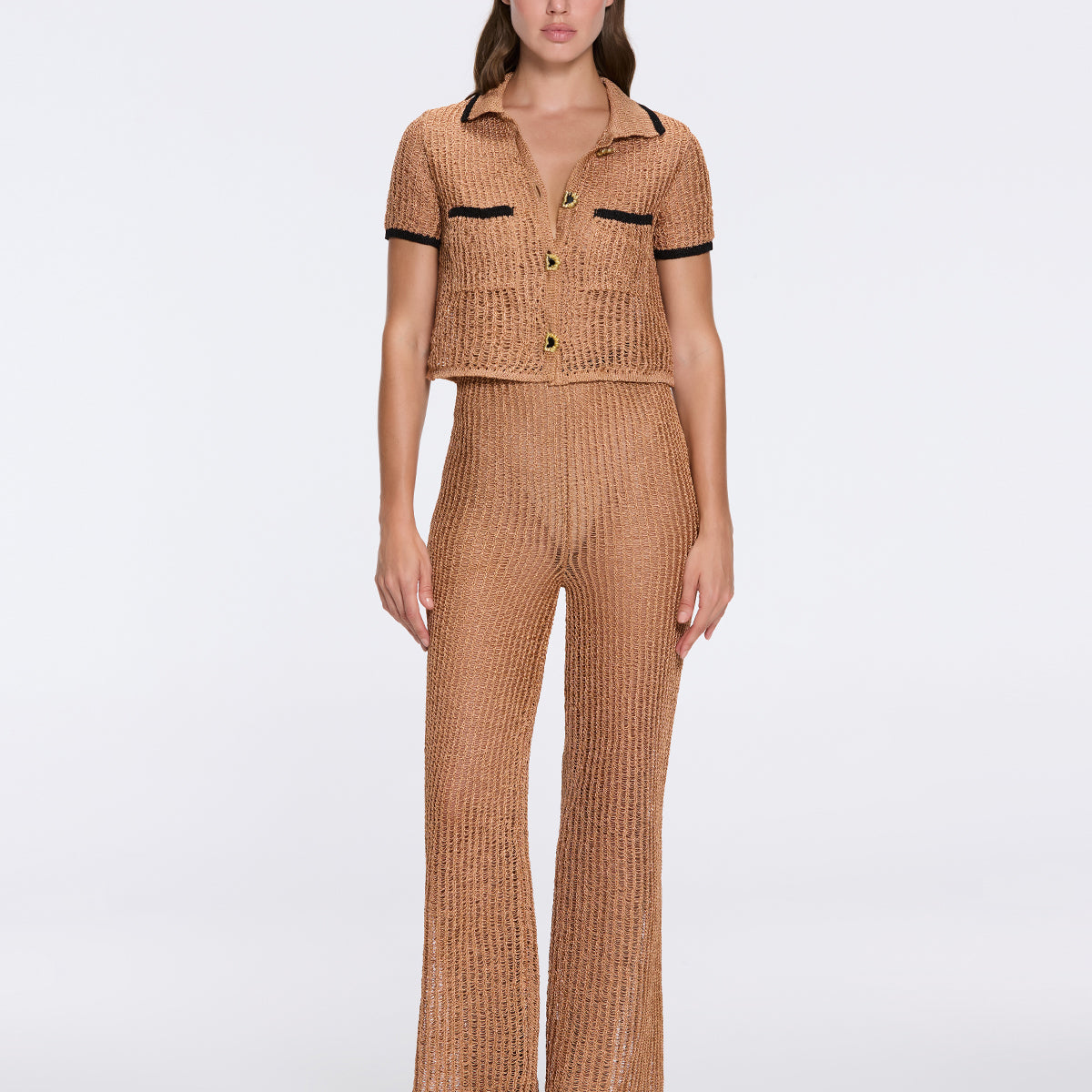 Ramatuelle Knitted Shirt-Style Gold Buttoned Bronze-Black Crop Top | Moeva | Crop Top | Each week unveils new pieces—luxury swimwear, fluid resort silhouettes, and elevated summer-to-evening essentials designed to carry you from coastal escapes to city nights.