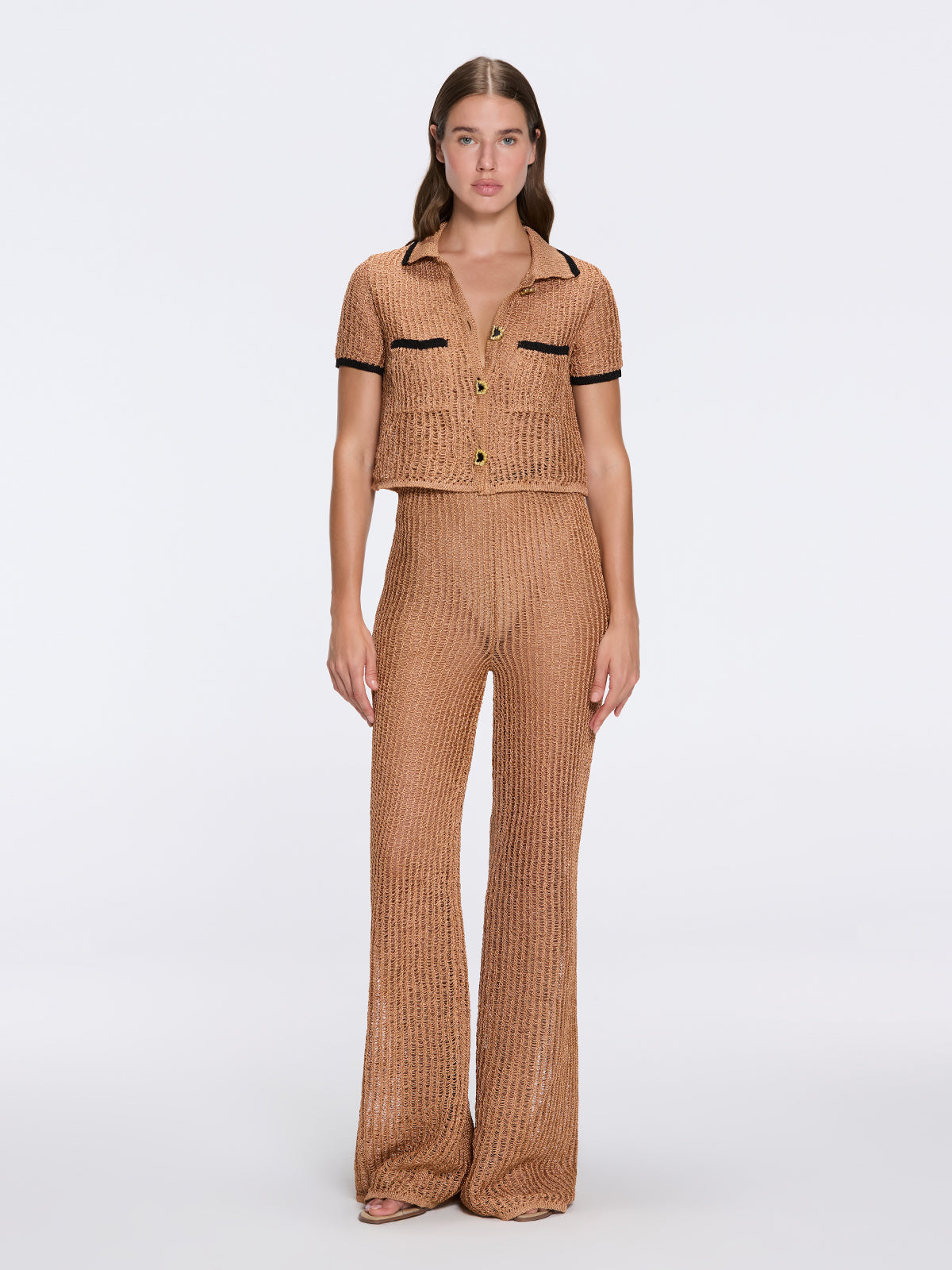 Ramatuelle Knitted Shirt-Style Gold Buttoned Nude-Black Crop Top | Moeva | Crop Top | Each week unveils new pieces—luxury swimwear, fluid resort silhouettes, and elevated summer-to-evening essentials designed to carry you from coastal escapes to city nights.