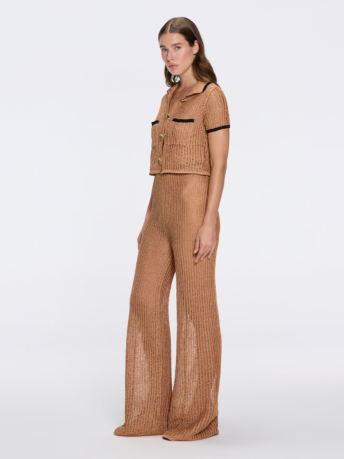 Ramatuelle Knitted Shirt-Style Gold Buttoned Nude-Black Crop Top | Moeva | Crop Top | Each week unveils new pieces—luxury swimwear, fluid resort silhouettes, and elevated summer-to-evening essentials designed to carry you from coastal escapes to city nights.