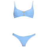 Irene Baby Blue-White Underwired Gold Buttoned Bikini Top