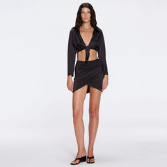 Greta Black Satin Long Sleeve Tie Front Shirt | Moeva | Shirt | Each week unveils new pieces—luxury swimwear, fluid resort silhouettes, and elevated summer-to-evening essentials designed to carry you from coastal escapes to city nights.