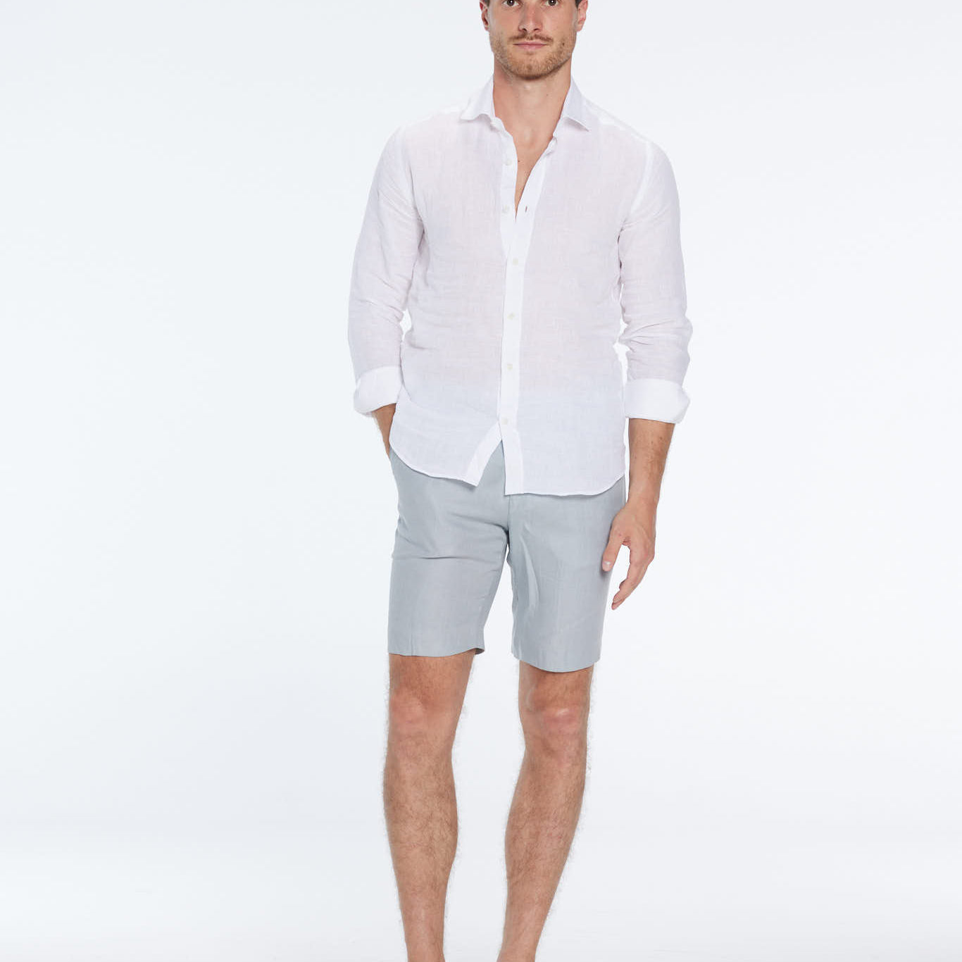 Marco Linen Grey Shorts | Moeva | Shirt | Each week unveils new pieces—luxury swimwear, fluid resort silhouettes, and elevated summer-to-evening essentials designed to carry you from coastal escapes to city nights.