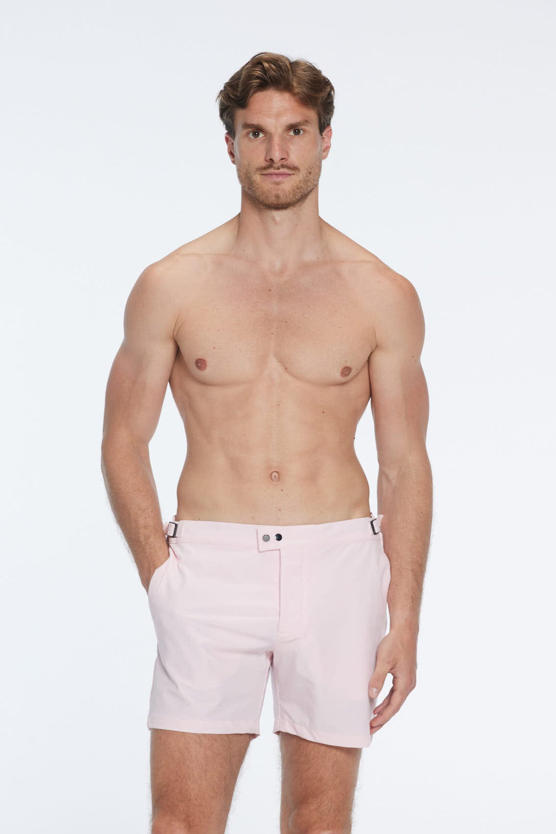 Jack Baby Pink Bulldog Swim Shorts | Moeva | Men Swim Stretch Shorts | Each week unveils new pieces—luxury swimwear, fluid resort silhouettes, and elevated summer-to-evening essentials designed to carry you from coastal escapes to city nights.