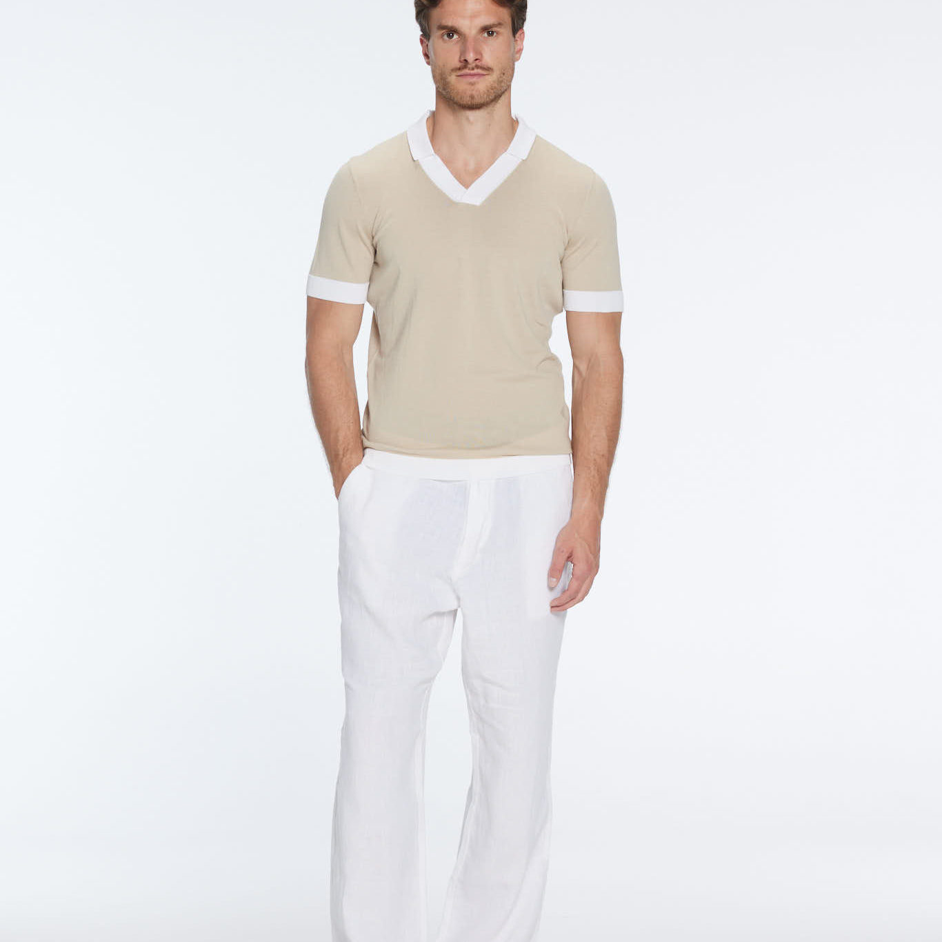 Troy Nude/White V-Neck T-Shirt with Contrast Trim | Moeva | T-Shirt | Each week unveils new pieces—luxury swimwear, fluid resort silhouettes, and elevated summer-to-evening essentials designed to carry you from coastal escapes to city nights.