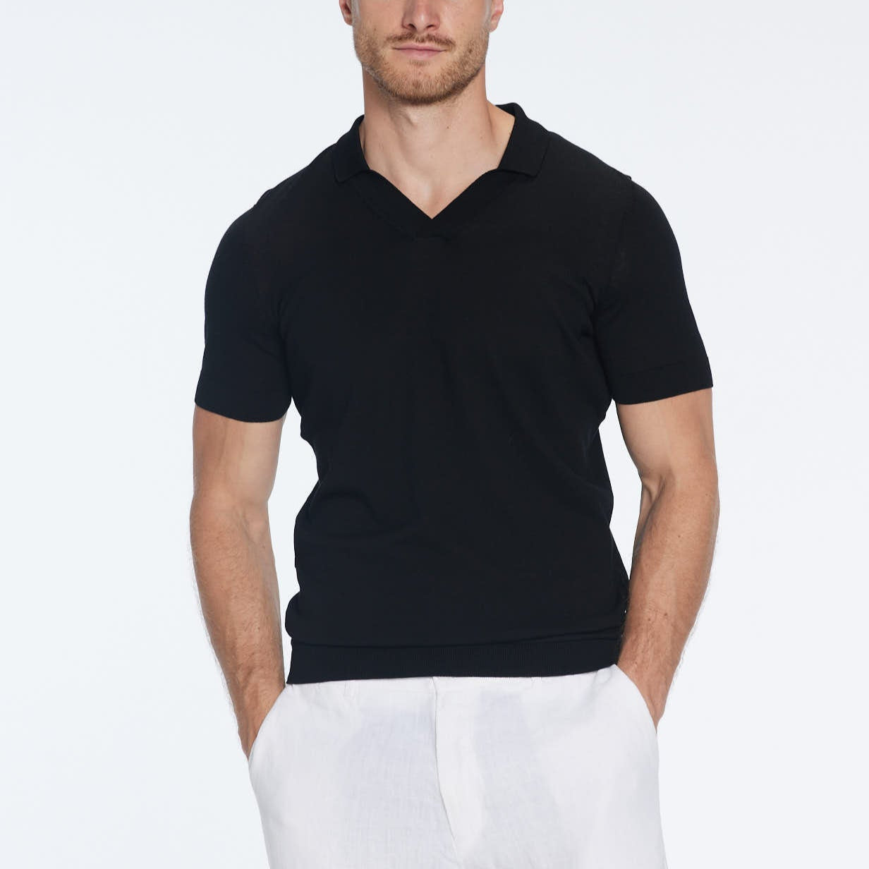 Mark Black Cotton V-Neck Polo T-Shirt | Moeva | T-Shirt | Each week unveils new pieces—luxury swimwear, fluid resort silhouettes, and elevated summer-to-evening essentials designed to carry you from coastal escapes to city nights.
