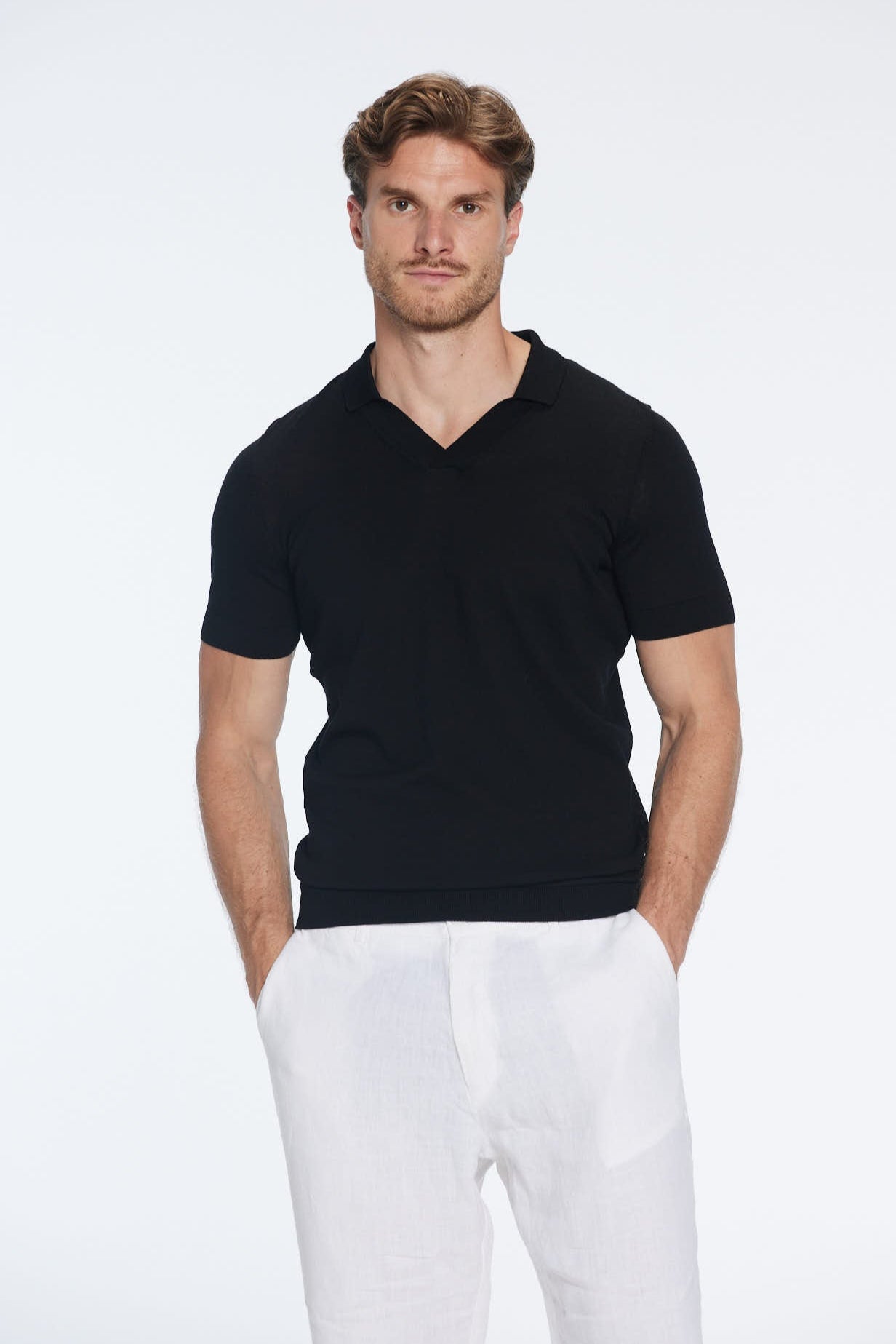 Mark Black Cotton V-Neck Polo T-Shirt | Moeva | | Each week unveils new pieces—luxury swimwear, fluid resort silhouettes, and elevated summer-to-evening essentials designed to carry you from coastal escapes to city nights.