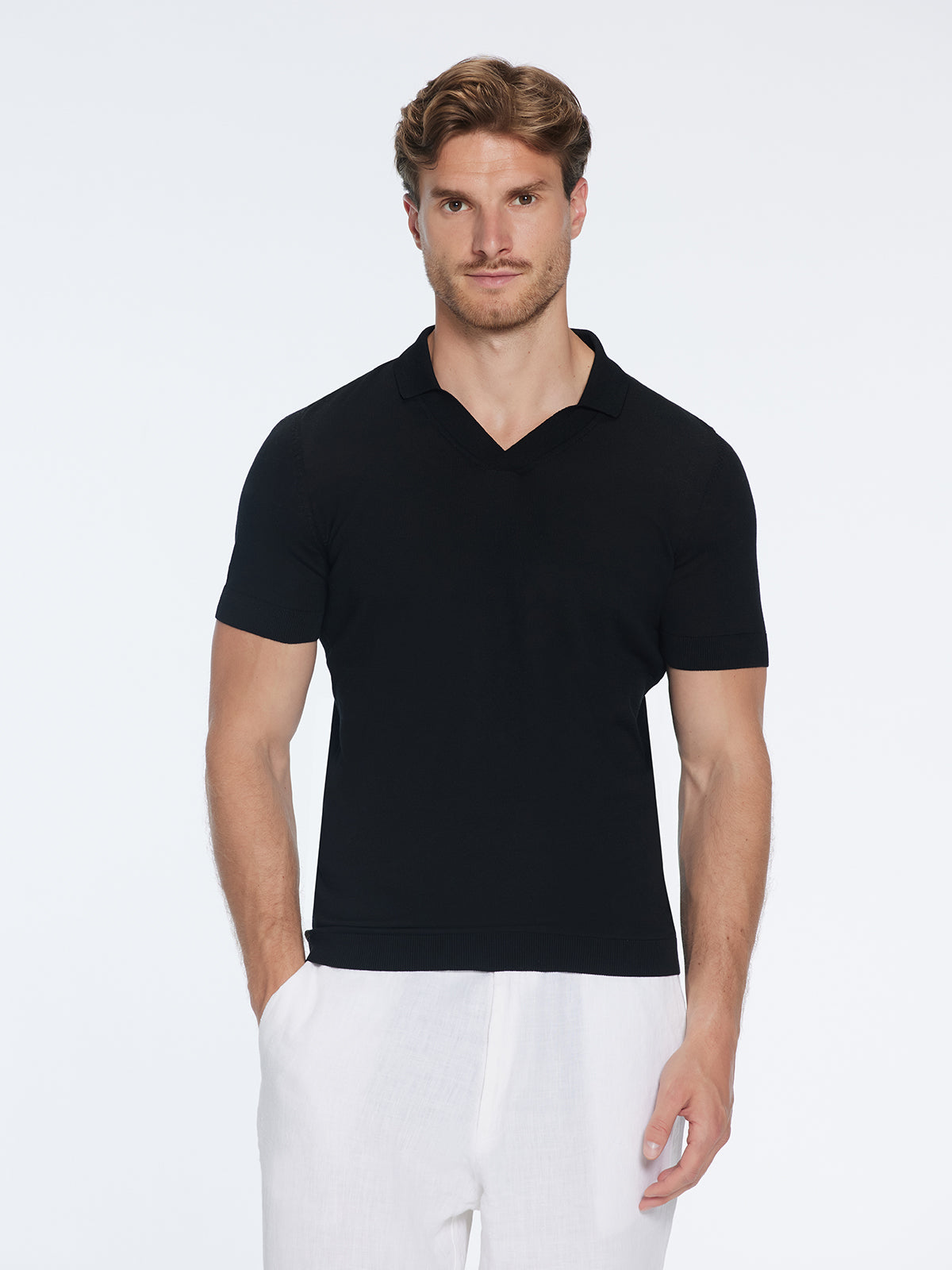 Mark Black Cotton V-Neck Polo T-Shirt | Moeva | T-Shirt | Each week unveils new pieces—luxury swimwear, fluid resort silhouettes, and elevated summer-to-evening essentials designed to carry you from coastal escapes to city nights.