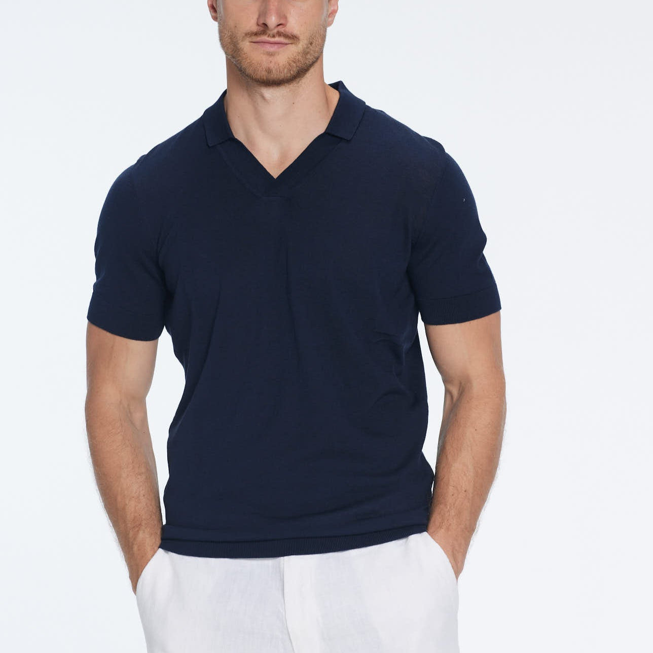 Mark Dark Blue Cotton V-Neck Polo T-Shirt | Moeva | T-Shirt | Each week unveils new pieces—luxury swimwear, fluid resort silhouettes, and elevated summer-to-evening essentials designed to carry you from coastal escapes to city nights.