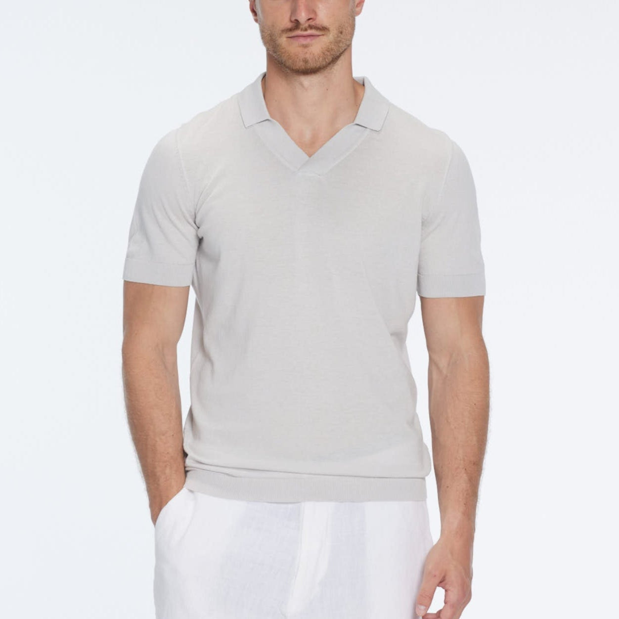 Mark Grey Cotton V-Neck Polo T-Shirt | Moeva | T-Shirt | Each week unveils new pieces—luxury swimwear, fluid resort silhouettes, and elevated summer-to-evening essentials designed to carry you from coastal escapes to city nights.