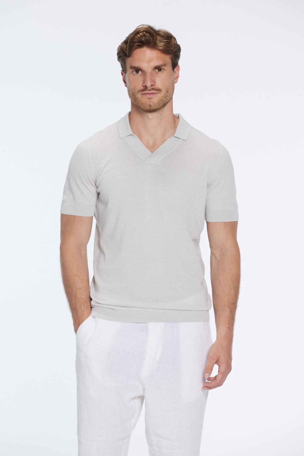 Mark Grey Cotton V-Neck Polo T-Shirt | Moeva | | Each week unveils new pieces—luxury swimwear, fluid resort silhouettes, and elevated summer-to-evening essentials designed to carry you from coastal escapes to city nights.