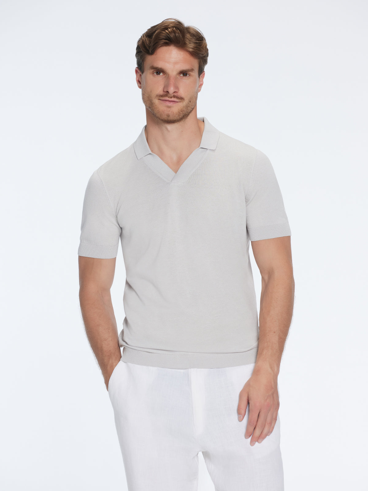 Mark Grey Cotton V-Neck Polo T-Shirt | Moeva | T-Shirt | Each week unveils new pieces—luxury swimwear, fluid resort silhouettes, and elevated summer-to-evening essentials designed to carry you from coastal escapes to city nights.