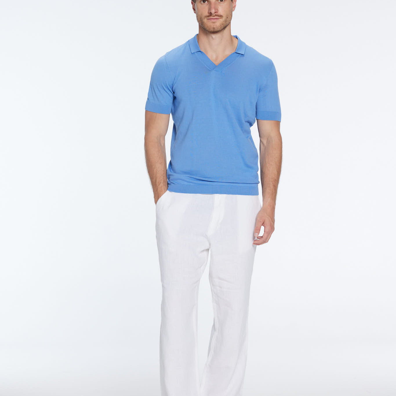Mark Baby Blue Cotton V-Neck Polo T-Shirt | Moeva | T-Shirt | Each week unveils new pieces—luxury swimwear, fluid resort silhouettes, and elevated summer-to-evening essentials designed to carry you from coastal escapes to city nights.