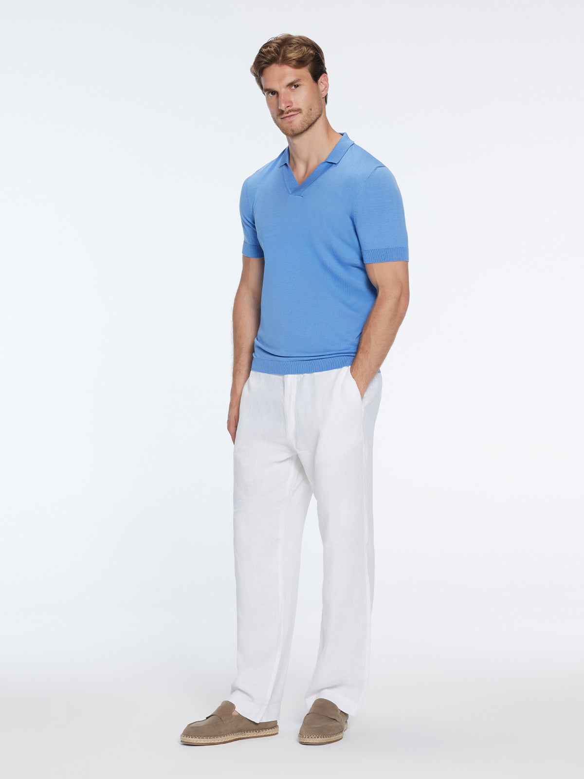 Mark Baby Blue Cotton V-Neck Polo T-Shirt | Moeva | T-Shirt | Each week unveils new pieces—luxury swimwear, fluid resort silhouettes, and elevated summer-to-evening essentials designed to carry you from coastal escapes to city nights.
