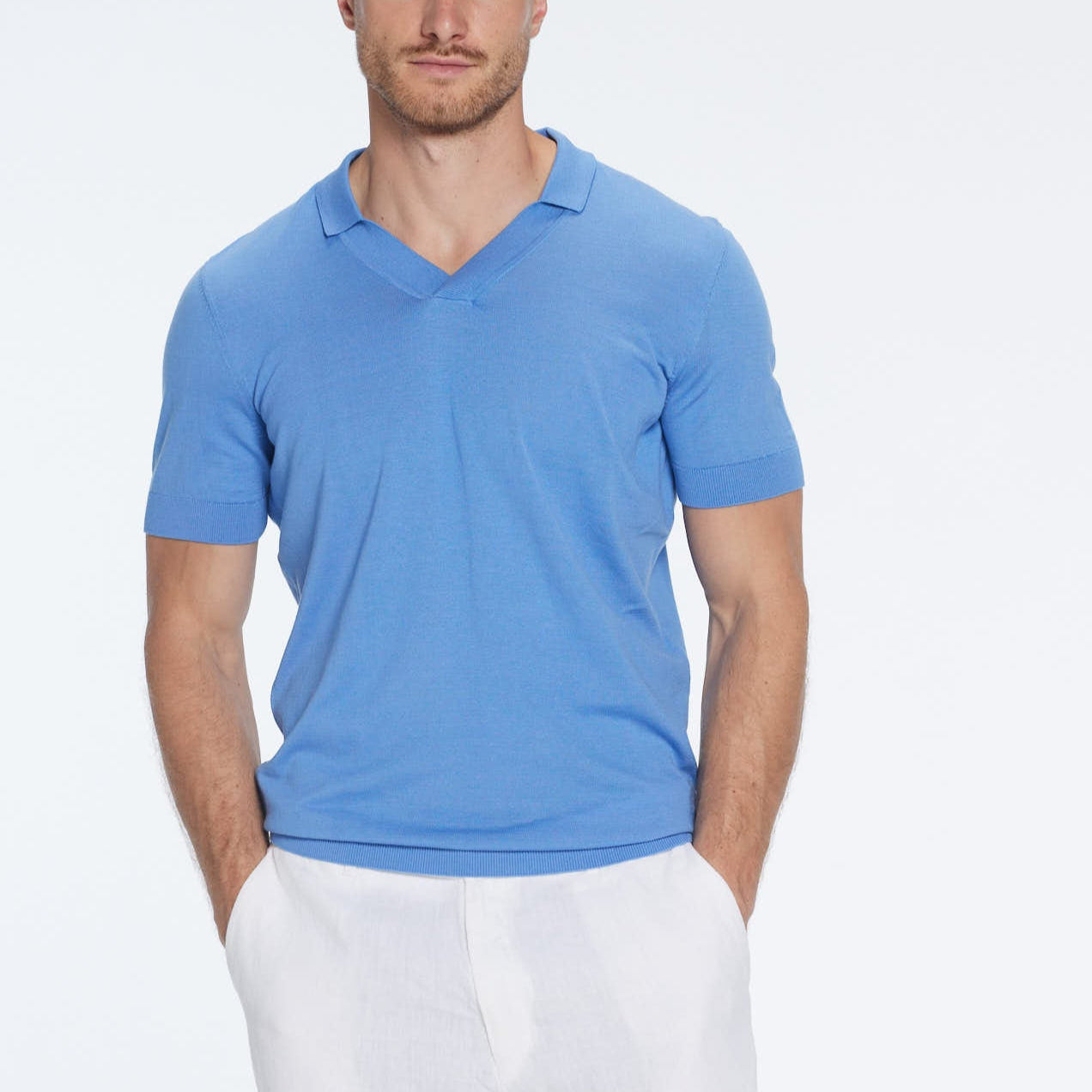 Mark Baby Blue Cotton V-Neck Polo T-Shirt | Moeva | T-Shirt | Each week unveils new pieces—luxury swimwear, fluid resort silhouettes, and elevated summer-to-evening essentials designed to carry you from coastal escapes to city nights.