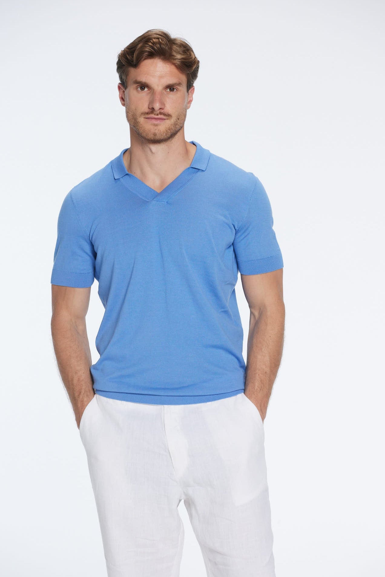Mark Baby Blue Cotton V-Neck Polo T-Shirt | Moeva | | Each week unveils new pieces—luxury swimwear, fluid resort silhouettes, and elevated summer-to-evening essentials designed to carry you from coastal escapes to city nights.