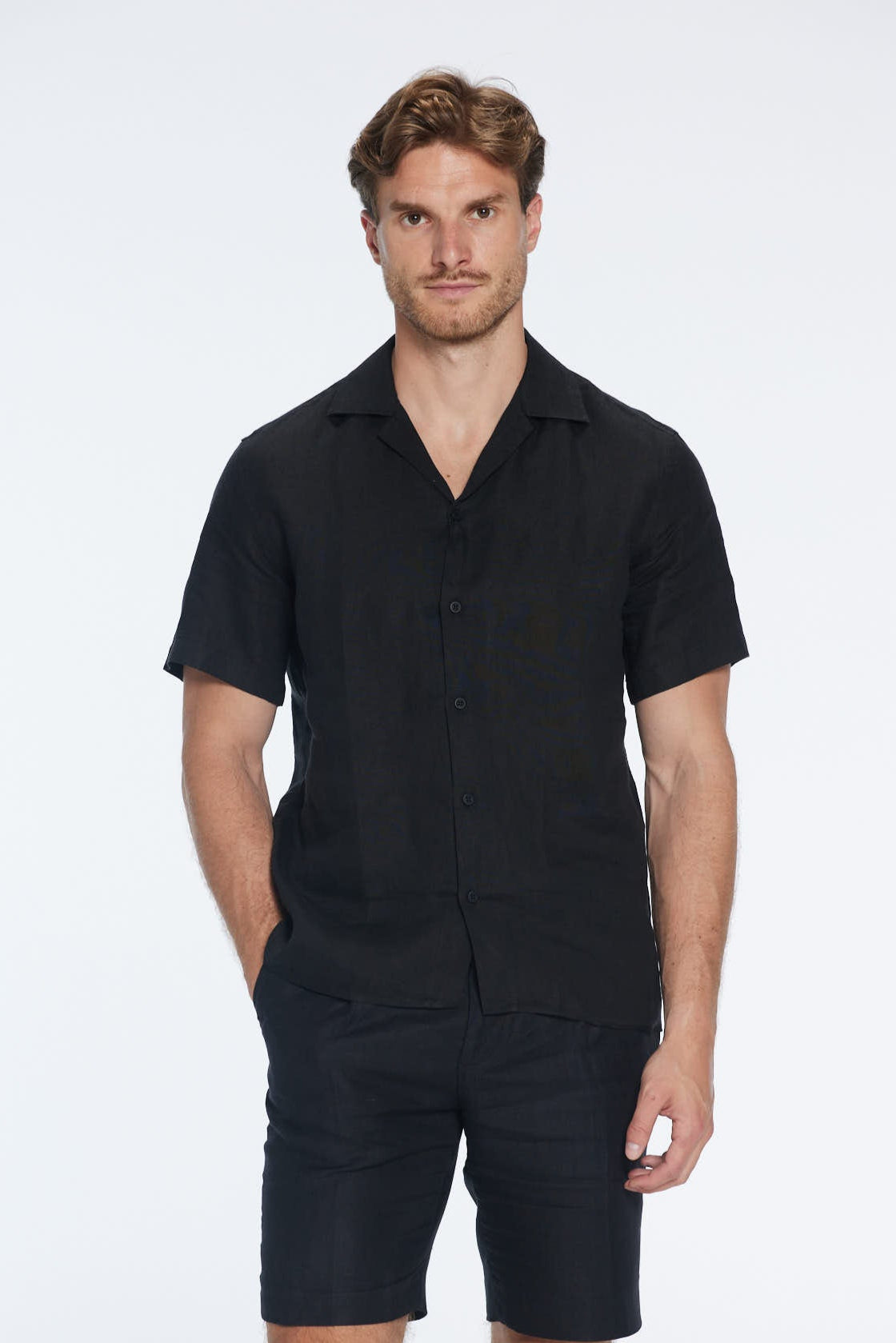 Romeo Black Linen Shirt with Camp Collar | Moeva | Men Classic Collar Shirts | Each week unveils new pieces—luxury swimwear, fluid resort silhouettes, and elevated summer-to-evening essentials designed to carry you from coastal escapes to city nights.