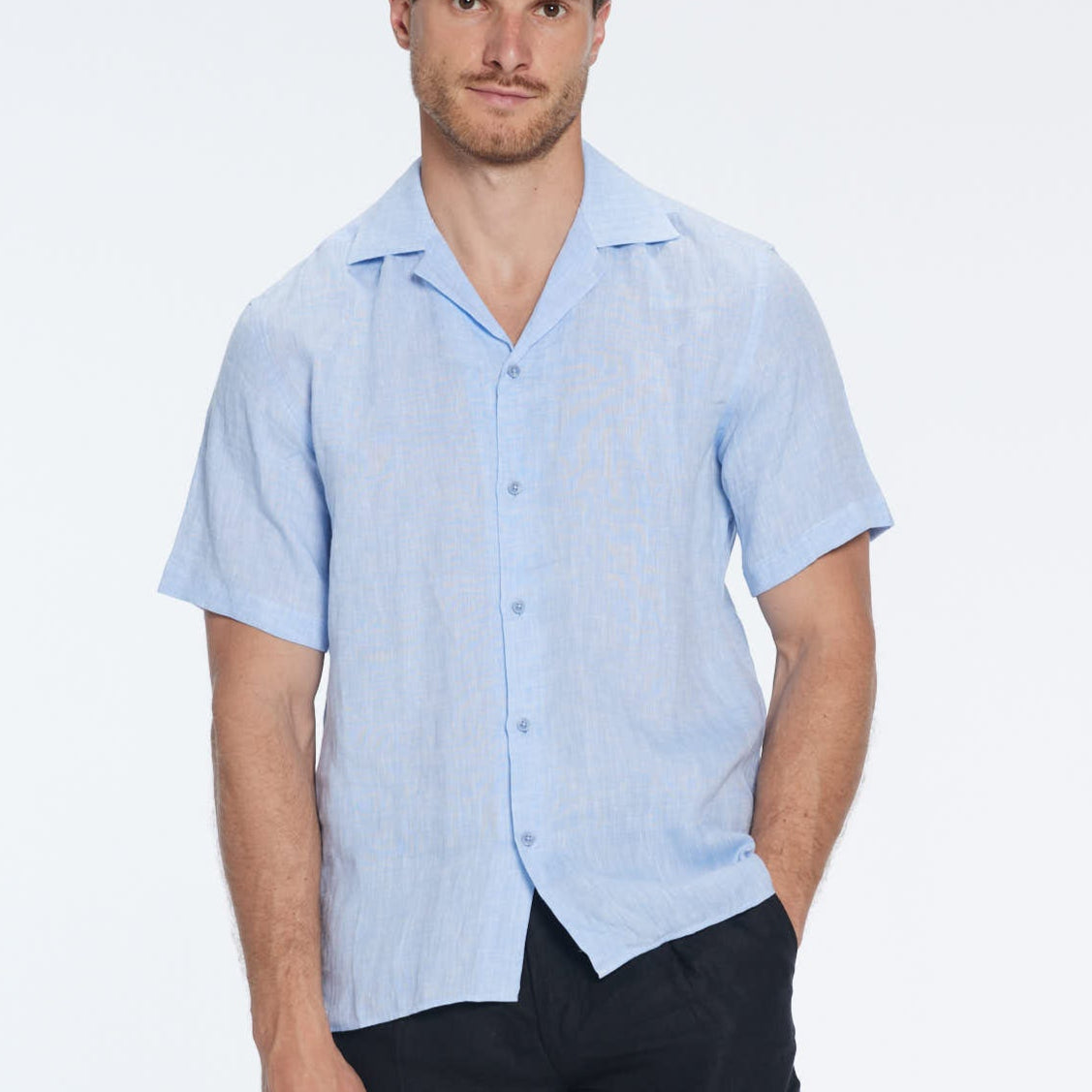 Romeo Baby Blue Linen Shirt with Camp Collar | Moeva | Shirt | Each week unveils new pieces—luxury swimwear, fluid resort silhouettes, and elevated summer-to-evening essentials designed to carry you from coastal escapes to city nights.