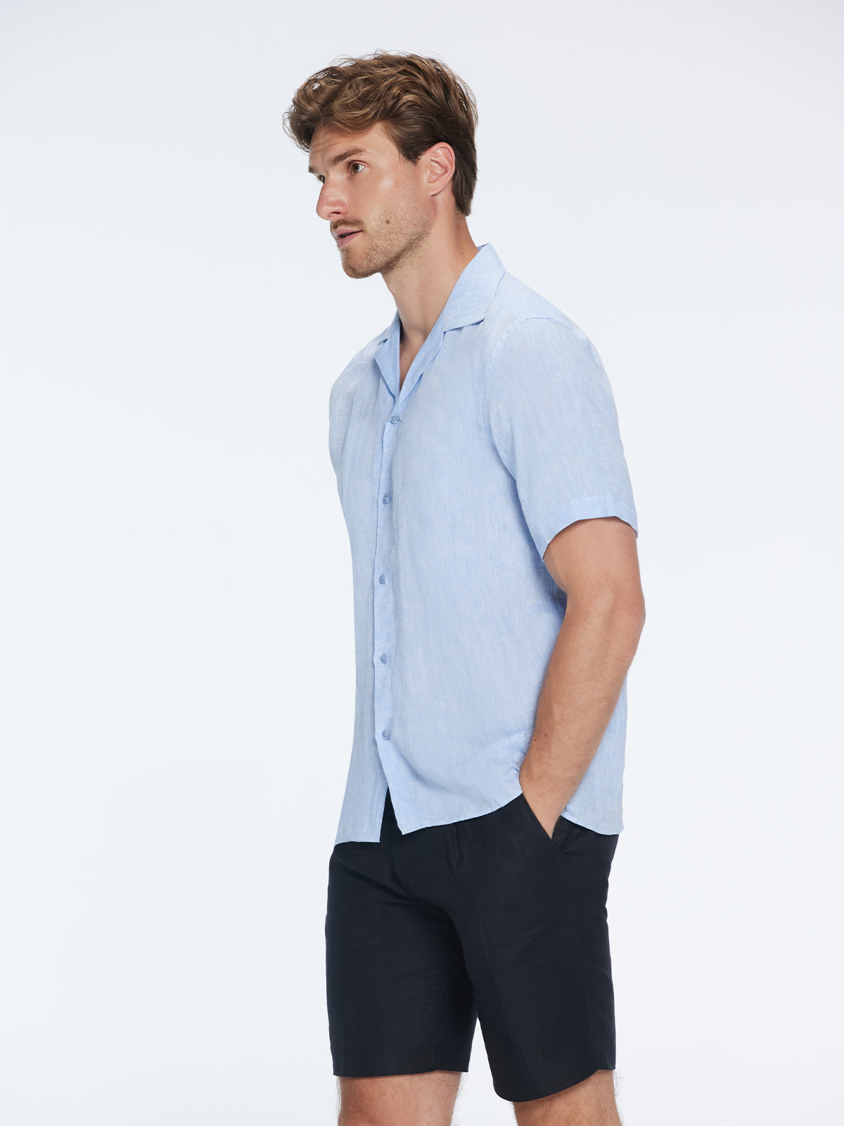 Romeo Baby Blue Linen Shirt with Camp Collar | Moeva | Shirt | Each week unveils new pieces—luxury swimwear, fluid resort silhouettes, and elevated summer-to-evening essentials designed to carry you from coastal escapes to city nights.