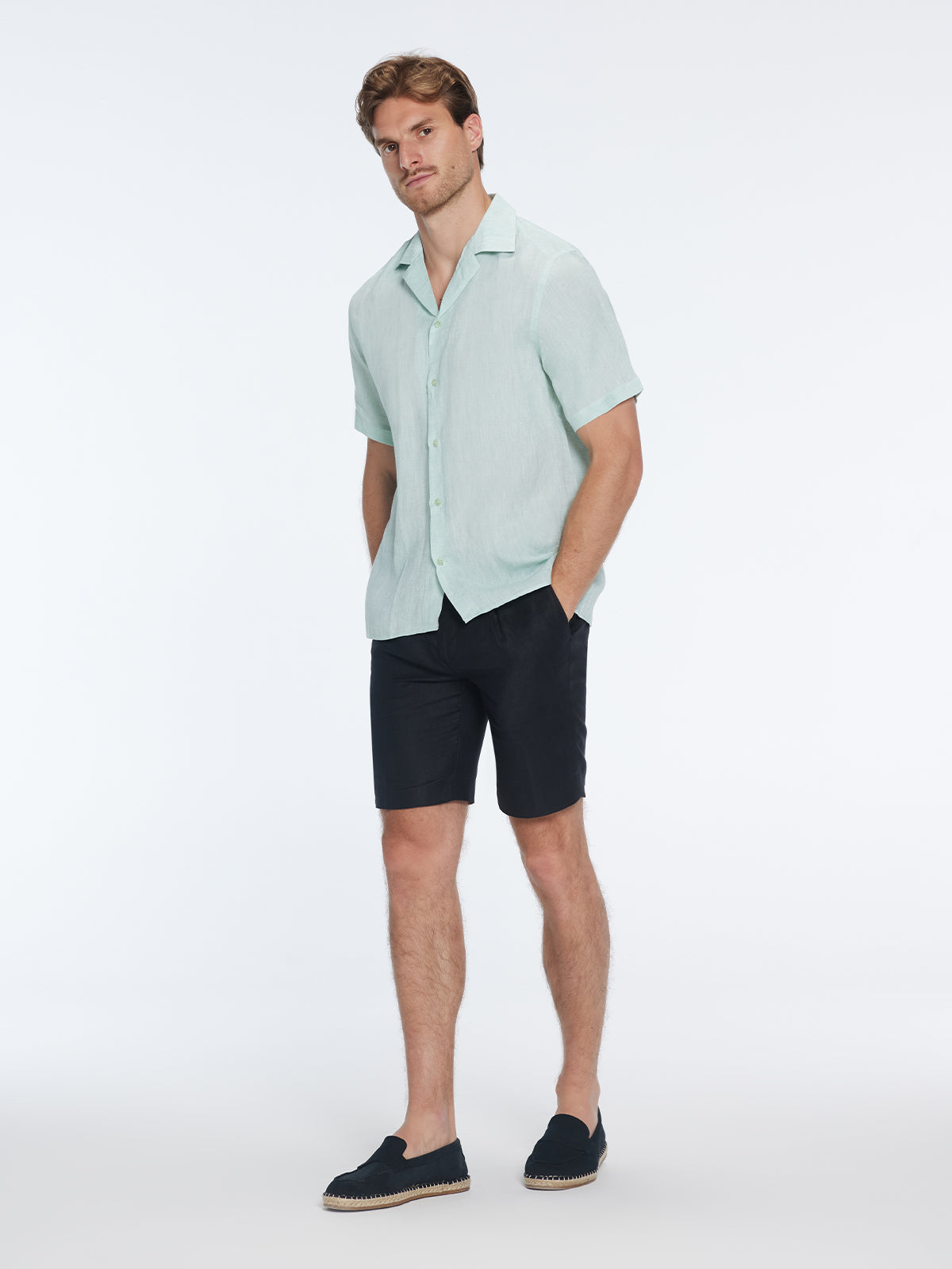 Romeo Green Linen Shirt with Camp Collar | Moeva | Shirt | Each week unveils new pieces—luxury swimwear, fluid resort silhouettes, and elevated summer-to-evening essentials designed to carry you from coastal escapes to city nights.