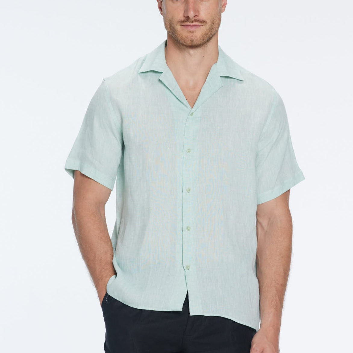Romeo Green Linen Shirt with Camp Collar | Moeva | Shirt | Each week unveils new pieces—luxury swimwear, fluid resort silhouettes, and elevated summer-to-evening essentials designed to carry you from coastal escapes to city nights.