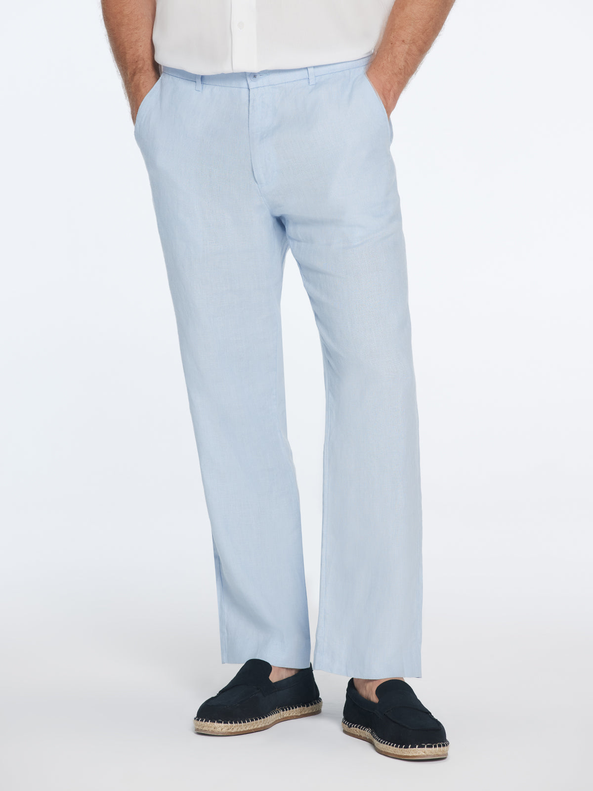 Adrian Baby Blue Linen Straight-Leg Pants | Moeva | Pants | Each week unveils new pieces—luxury swimwear, fluid resort silhouettes, and elevated summer-to-evening essentials designed to carry you from coastal escapes to city nights.